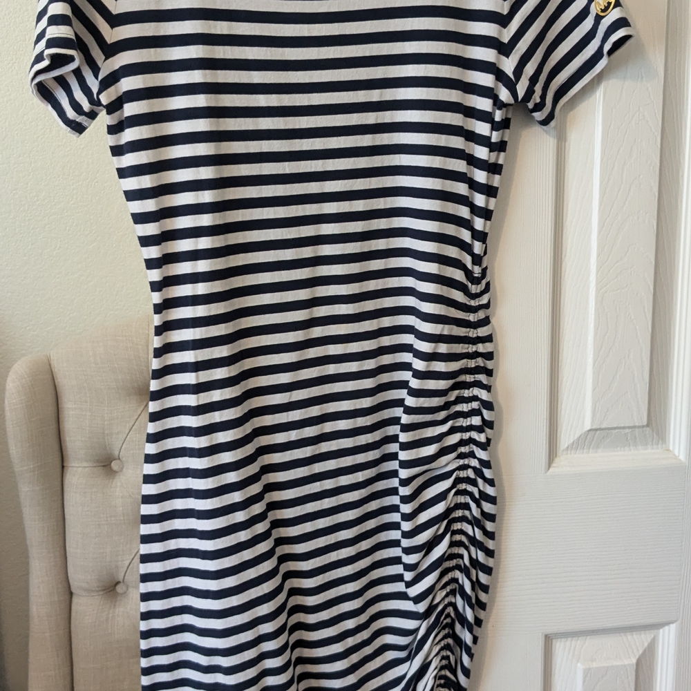 MICHAEL Michael Kors Blue and White Striped Midi Dress